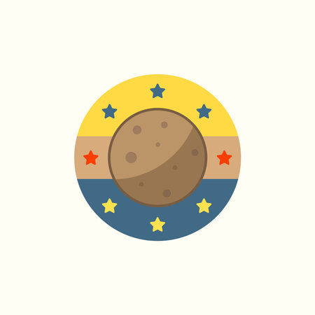 Vector illustration of a planet or moon in a modern flat style with a warm color palette. The main...