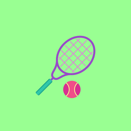 Vector illustration of a tennis racket and tennis ball on a bright green background. The design is...