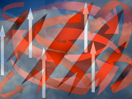 Modern Abstract Red Arrow Design  Superimposed on Blue backgroundの写真素材