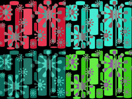 Four picture collage of colourful modern abstract cylindrical design with floral motif  on black backgroundの写真素材