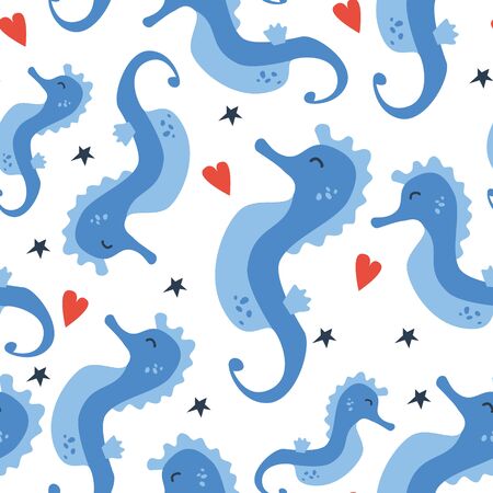 Vector handdrawn cute seamless pattern of seahorse on the white background. Concept for kids design, textile, fabric. Funny sea creature with hearts and starsのイラスト素材