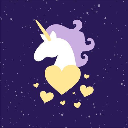 Vector hand drawn illustration of magic fat white unicorn horse head with purple mane isolates on speckles backgroung with yellow hearts. Childrens, kids concept. Poster, card, print templateのイラスト素材