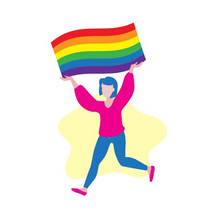 Vector illustration of activist with blue hair running and holding rainbow LGBT flag. Public coming out concept. Freedom, love and pride. Different sexual orientation demonstration.のイラスト素材