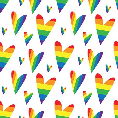 Vector seamless pattern of rainbow color hearts. Lgbt rainbow flag. Public coming out concept. Freedom of speech message. Textile designのイラスト素材
