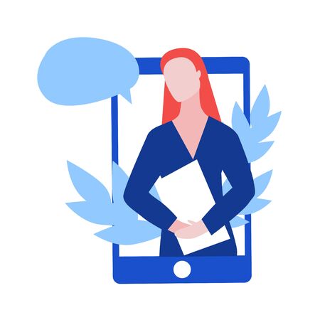 Vector illustraion of red head woman consultant with paper holder and speech bubble on the phone screen with leaves. Online consultant concept web banner on site or mobile applicationのイラスト素材