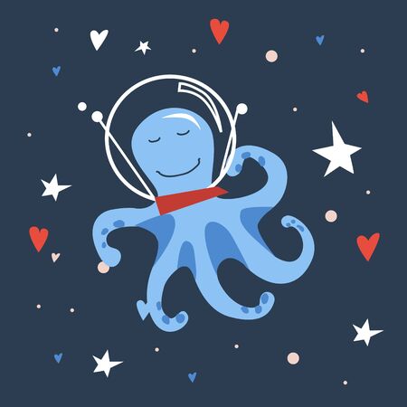 Vector handdrawn cute illustration of octipus in the space helmet on the starry sky. Concept for kids design, cute cartoon character for children room poster. Funny sea creature in space as cosmonautのイラスト素材
