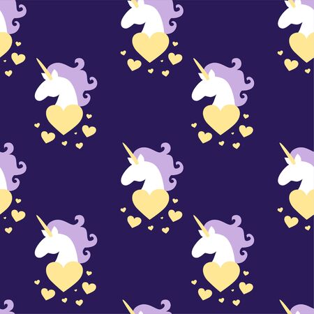 Vector seamless pattern of magic fat white unicorn horses head with purple mane around hearts. Starry night sky. Childrens, kids concept. Textile templateのイラスト素材