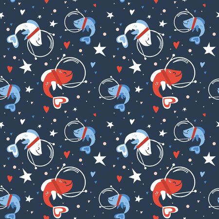 Vector seamless cute pattern of tree fishes in the space helmet on the starry sky. Concept for kids design, cute cartoon characters for textile. Funny sea creature in space as cosmonautのイラスト素材