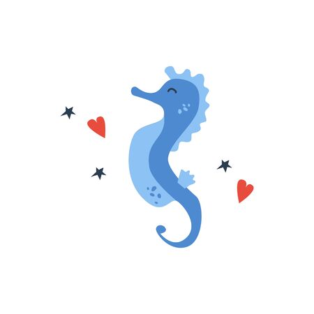 Vector handdrawn cute illustration of seahorse on the white background. Concept for kids design, cute cartoon character for children room poster. Funny sea creature with hearts and starsのイラスト素材