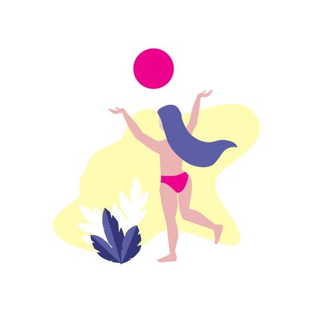 Vector illustration of happy beautiful woman or girl in panties putting hands up in the air on yellow background with plant. Activity, summer vacation, sports, happy new day concept. のイラスト素材