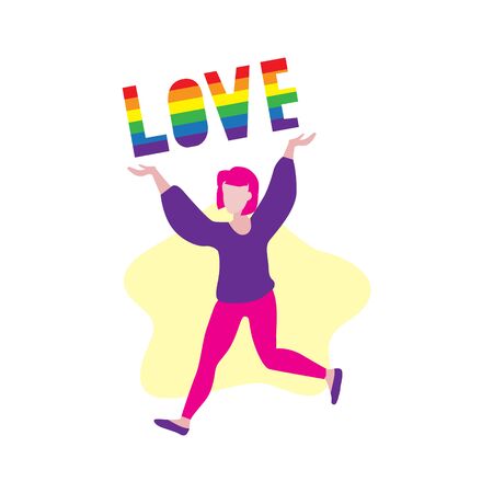 Vector illustration of activist with pink hair running and holding word "love". Public coming out concept. Freedom, love and pride.  Different sexual orientation demonstration.のイラスト素材