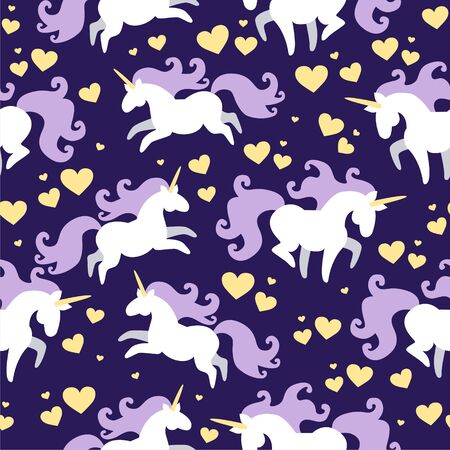 Vector seamless pattern of magic fat white unicorn horses with purple mane running around yellow hearts on night sky. Starry night sky. Childrens, kids concept. Textile templateのイラスト素材