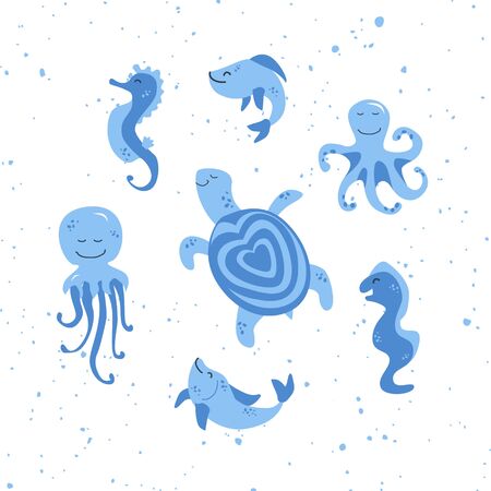 Vector handdrawn cute illustration set of moray, fishes, turtle, octopus, seahorse and jellyfish. Concept for kids design, cute cartoon character for poster. Funny sea creature on speckles background	のイラスト素材
