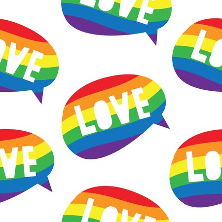 Vector seamless pattern of rainbow speech bubbles with word "love". Lgbt rainbow flag. Public coming out concept. Freedom of speech message. Textile designのイラスト素材