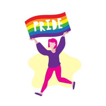 Vector illustration of activist with blue hair running and holding rainbow LGBT flagwith word Prade. Public coming out concept. Freedom, love and pride.  Different sexual orientation demonstration.のイラスト素材