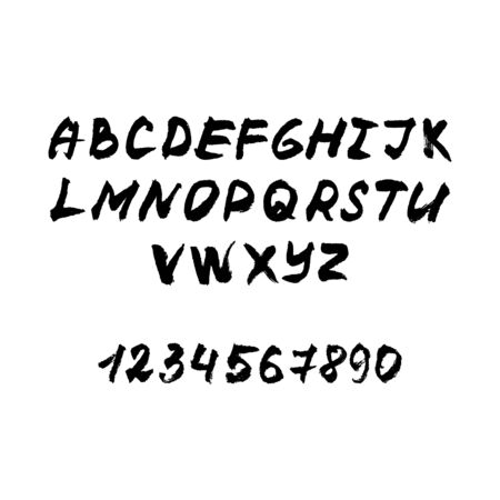 Vector hand drawn brush font. Black ink alphabet with numbersのイラスト素材
