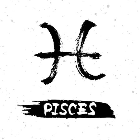 Pieces horoscope sign, symbol, zodiac sign. Hand drawn vector illustration on starry sky background with "Pieces" lettering on brush stroke. Hand drawing design ink illustration.のイラスト素材