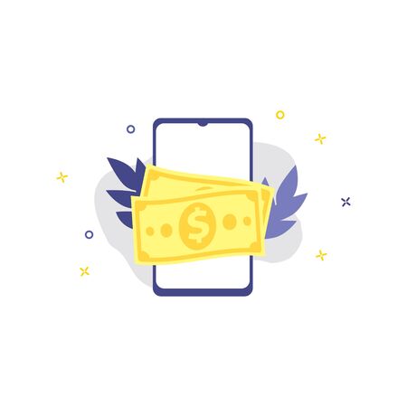 Vector illustration of smartphone with dollar cash.  Online shopping, shopping app, exchange money concept. Smartphone online paymentsの写真素材