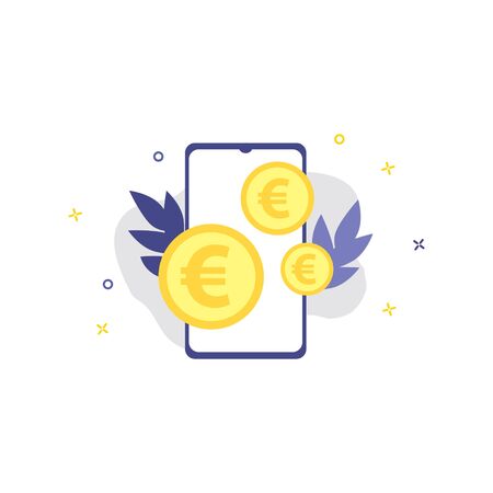 Vector illustration of smartphone with euro coins.  Online shopping, shopping app, exchange money concept. Smartphone online paymentsの写真素材