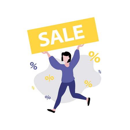 Vector illustration of girl or woman running with sale banner in her hands. Sale, online shopping, shopping app, consumer, discount offer concept. の写真素材