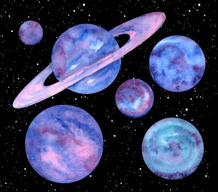 Handdrawn watercolor set of planets isolated on white background with stars. Saturn with rings....
