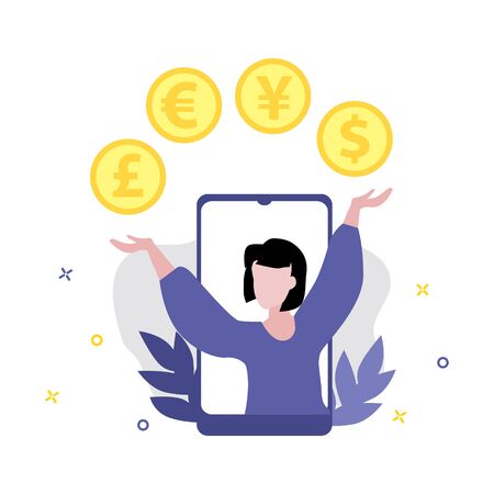 Vector illustration of girl or woman with various money such as euro, dollar, pound, yen, yuan coins. Online shopping, shopping app, exchange money concept. Smartphone online paymentsの写真素材