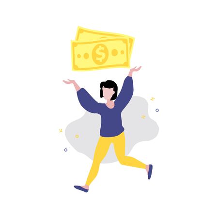 Vector illustration of girl or woman running with money in her hands. Sale, online shopping, shopping app, consumer, discount offer concept. の写真素材