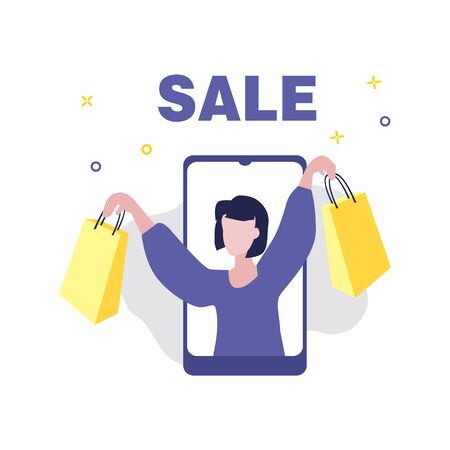 Vector illustration of girl or woman with hands up on screen of smartphone and word Sale. Sale, online shopping, shopping app, consumer, discount offer concept. の写真素材