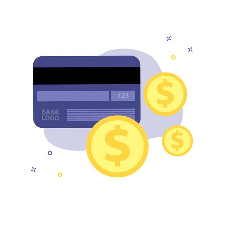 Vector isolate illustration of credit or debit plastic cardwith dollar or cent coins. Bussiness or finance, cash or plastic money conceptの写真素材
