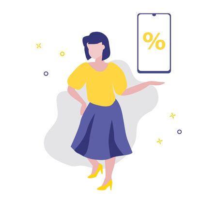 Vector illustration of girl or woman showing or offering smartphone with percent on screen. Sale, online shopping, shopping app, consumer, discount offer concept. Good advantageous offer for buyersの写真素材