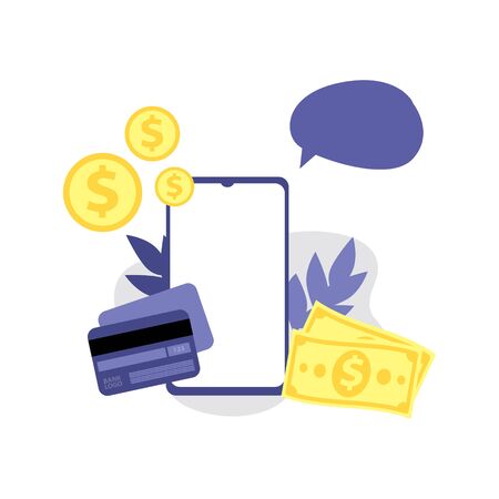Vector illustration of smartphone, coins, payment or credit card, money and speech bubble. Online shopping, shopping app, exchange money concept. Smartphone online paymentsの写真素材
