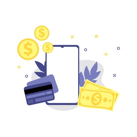 Vector illustration of smartphone, coins, payment or credit card, money cash. Online shopping, shopping app, exchange money concept. Smartphone online paymentsの写真素材