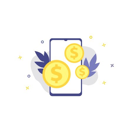 Vector illustration of smartphone with dollar coins.  Online shopping, shopping app, exchange money concept. Smartphone online paymentsの写真素材