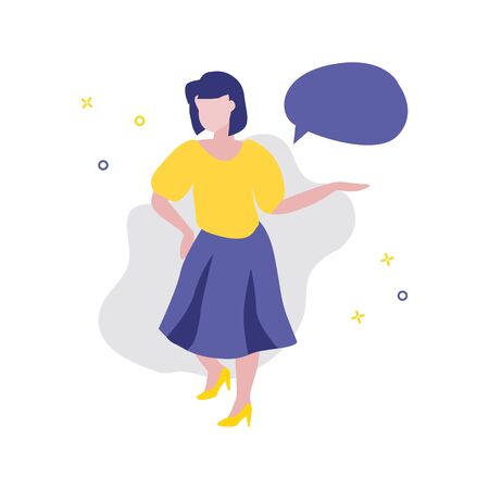 Vector illustration of girl or woman showing or offering something and speech bubble. Sale, online shopping, shopping app, consumer, discount offer concept. Good advantageous offer for buyersの写真素材