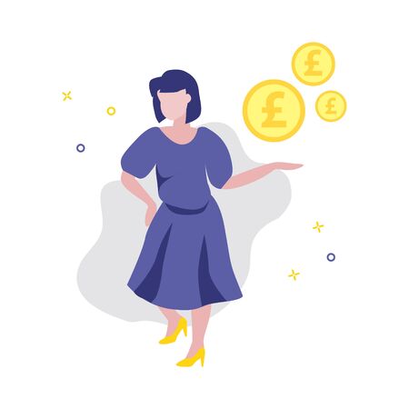 Vector illustration of girl or woman showing pound coins. Sale, online shopping, shopping app, consumer concept. Investor or save money conceptの写真素材