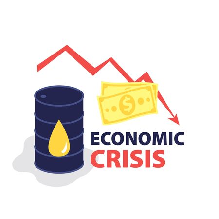 Vector flat illustration of barrel of oil with red falling arrow of the economic chart and dollars cash. Financial world crisis concept. Down of oil price, market decline, economy is in shock
のイラスト素材