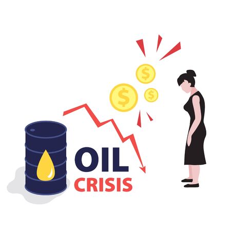Vector flat illustration of barrel of oil with red falling arrow of the economic chart and dollars coins. Financial world crisis concept. Down of oil price, market decline, woman investor is in shockのイラスト素材