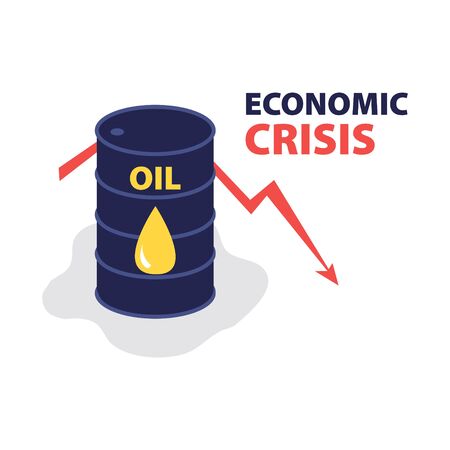 Vector flat illustration of barrel of oil with red falling arrow of the economic chart and title "economic crisis. Financial world crisis concept. Down of oil price, market declineのイラスト素材