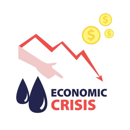 Vector flat illustration of black oil drops with red falling arrow of the economic chart, dollars cash and hand pointing finger down. Financial world crisis concept.のイラスト素材