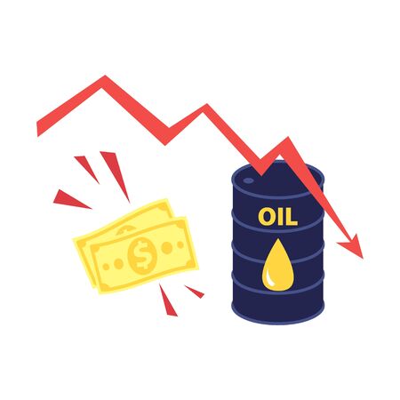Vector flat illustration of barrel of oil with red falling arrow of the economic chart and dollars cash. Financial world crisis concept. Down of oil price, market decline, economy is in shockのイラスト素材