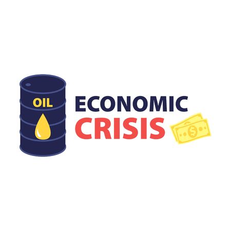 Vector flat illustration of barrel of oil with title "economic crisis" and dollars cash. Financial world crisis concept. Down of oil price, market decline, economy is in shockのイラスト素材