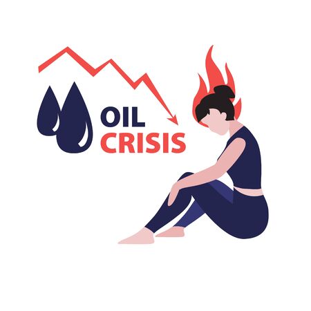 Vector flat illustration of oil black drops with red falling arrow of the economic chart and woman investor sitting in stressed and head on fire. Financial world crisis concept.のイラスト素材