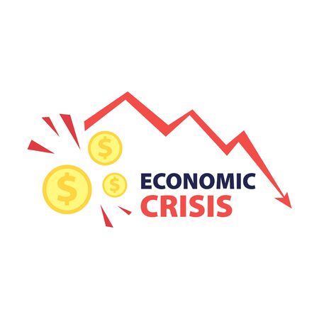 Vector flat illustration of red falling arrow of the economic chart and dollar coins cash. Financial world crisis concept. Down of oil price, market decline, economy is in shockのイラスト素材