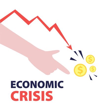 Vector flat illustration of hand pointing finger to dollar coins with red falling arrow of the economic chart. Financial world crisis concept. Down of oil price, market declineのイラスト素材