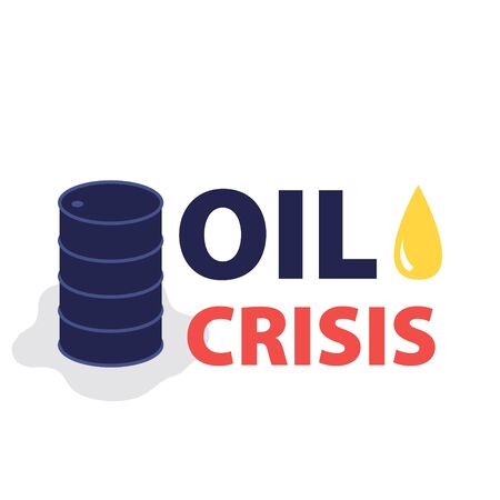 Vector flat illustration of barrel of oil with oil drop and phrase "oil crisis". Financial world crisis concept. Down of oil price, market decline, economy is in shockのイラスト素材