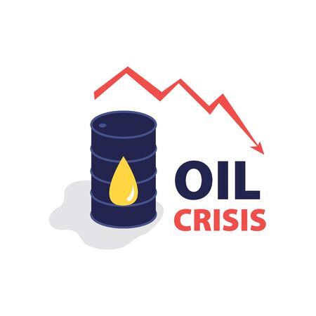 Vector flat illustration of barrel of oil with red falling arrow of the economic chart. Financial world crisis concept. Down of oil price, market decline, economy is in shockのイラスト素材