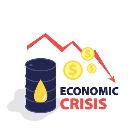 Vector flat illustration of barrel of oil with red falling arrow of the economic chart and dollar coins cash. Financial world crisis concept. Down of oil price, market decline, economy is in shockのイラスト素材