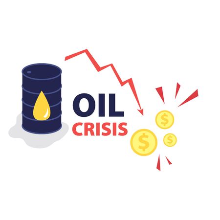 Vector flat illustration of barrel of oil with red falling arrow of the economic chart and dollar coins cash. Financial world crisis concept. Down of oil price, market decline, economy is in shockのイラスト素材