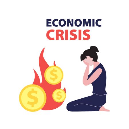 Vector flat illustration of sitting and crying investor and dollar coins on fire. Financial world crisis concept. Down of oil price, market decline, economy is in shock
のイラスト素材