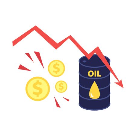 Vector flat illustration of barrel of oil with red falling arrow of the economic chart and dollars coins. Financial world crisis concept. Down of oil price, market decline, economy is in shock
のイラスト素材